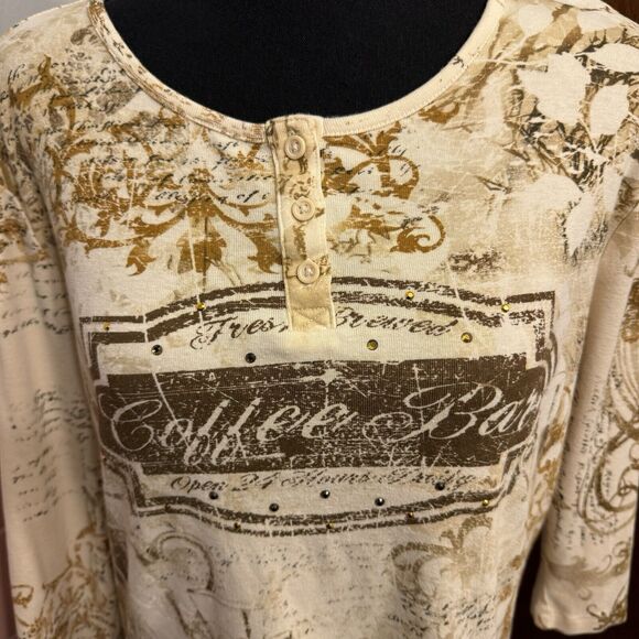 VTG 90s Y2K Top Large Womens Coffee Bar Novelty Print Shirt WEAR ReadRhinestone - Picture 6 of 8